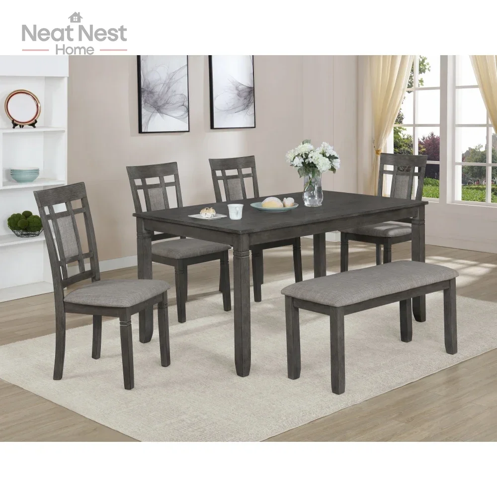6-Pieces Chalk Gray Finish dining table set ,Bench Dining Room Wooden Dining Set Furniture, Transitional Contemporary Style