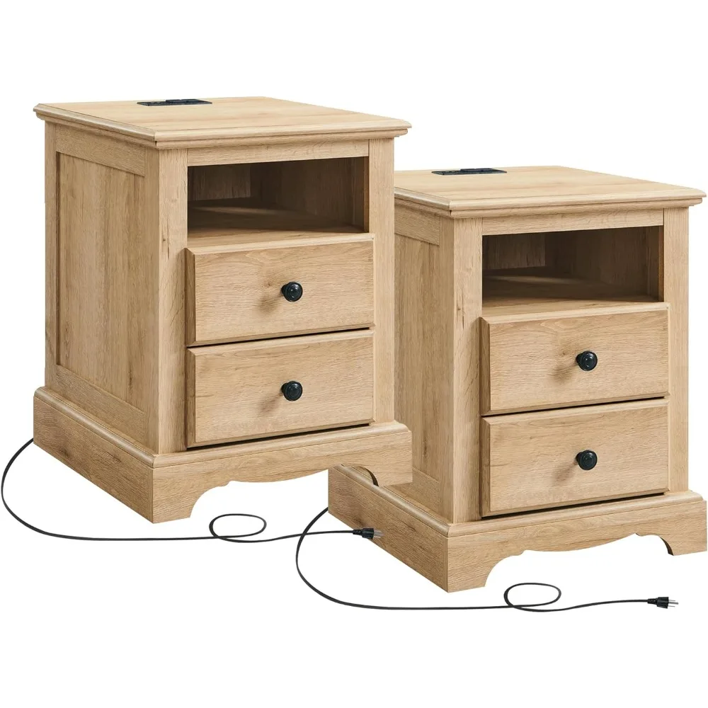 Nightstand with Charging Station Set of 2, Wood Rustic Sofa Side Table with Open Storage Shelf for Bedroom, 18 Inch Vintage End