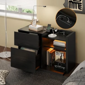 Black Night Stand with Shelves, Charging Station & LED, 2 Drawer Wooden Bedside Table Record Player Stand for Bedroom, Entryway