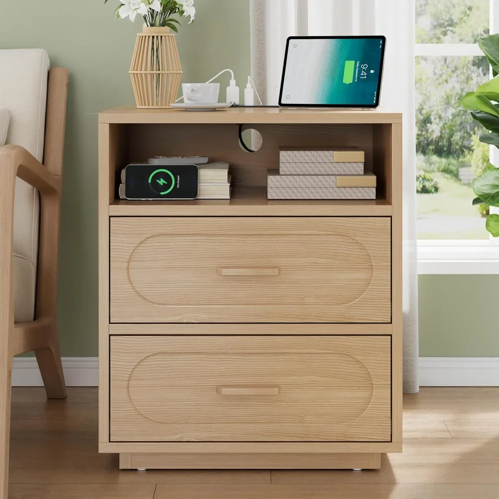26" Tall Modern Nightstand with Charging Station, End Table with 2 Drawers Storage, Compact Bedside Cabinet w/ USB Hub & Outlets